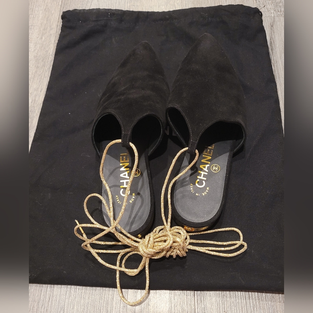 Chanel Lace Up Black Suede Mules from Chanel Cruise 2015